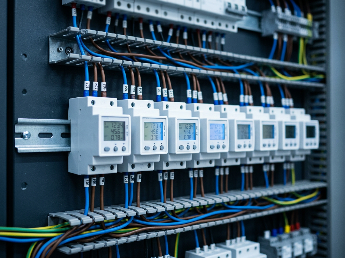 A row of DIN-rail sub-meters in an electrical panel