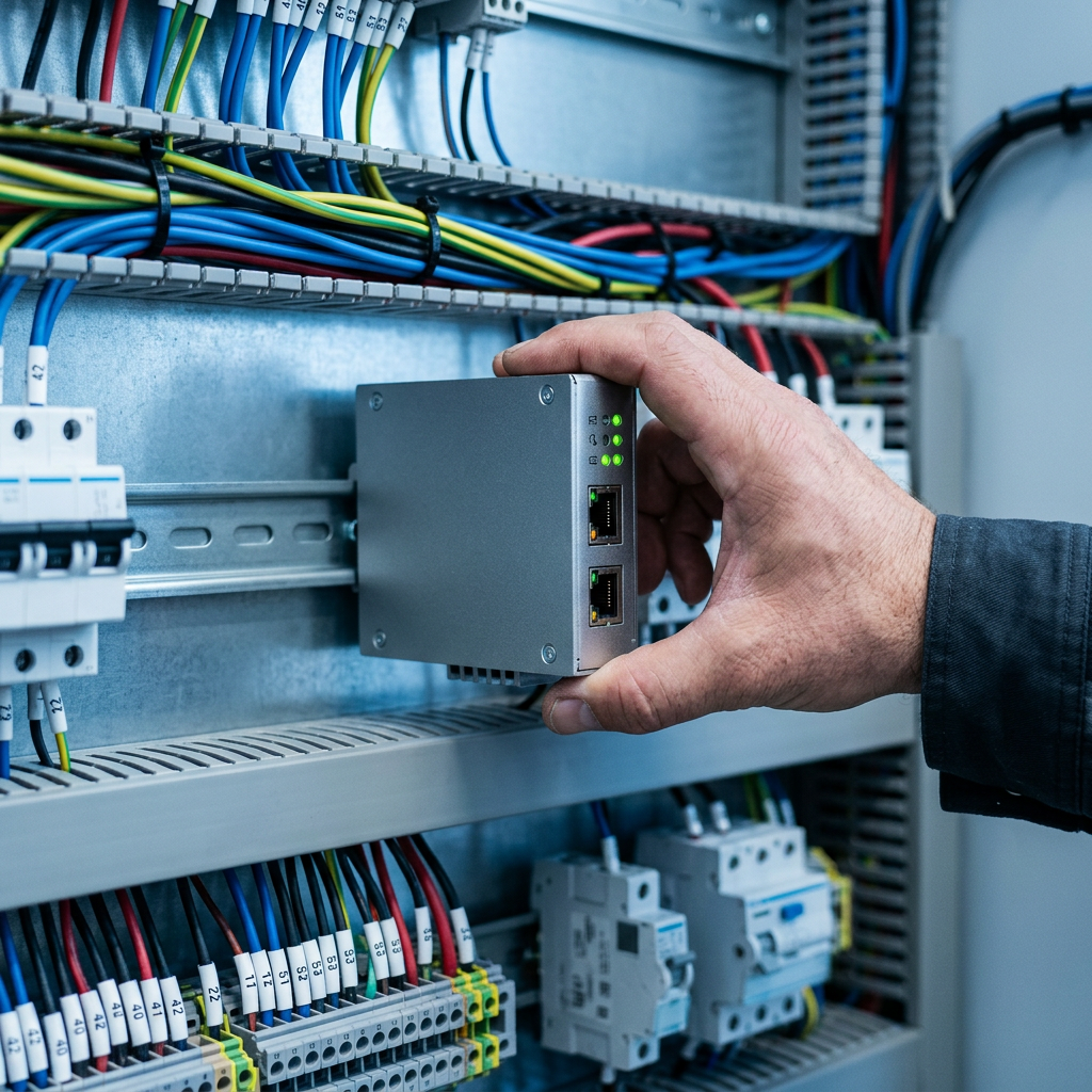 A hand fitting the grey gateway box onto a DIN rail in an electrical cabinet