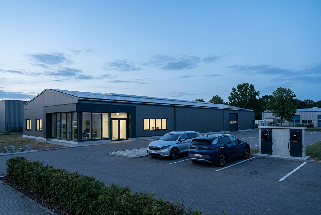 A low business building with rooftop solar panels and two EV chargers by the parking spaces